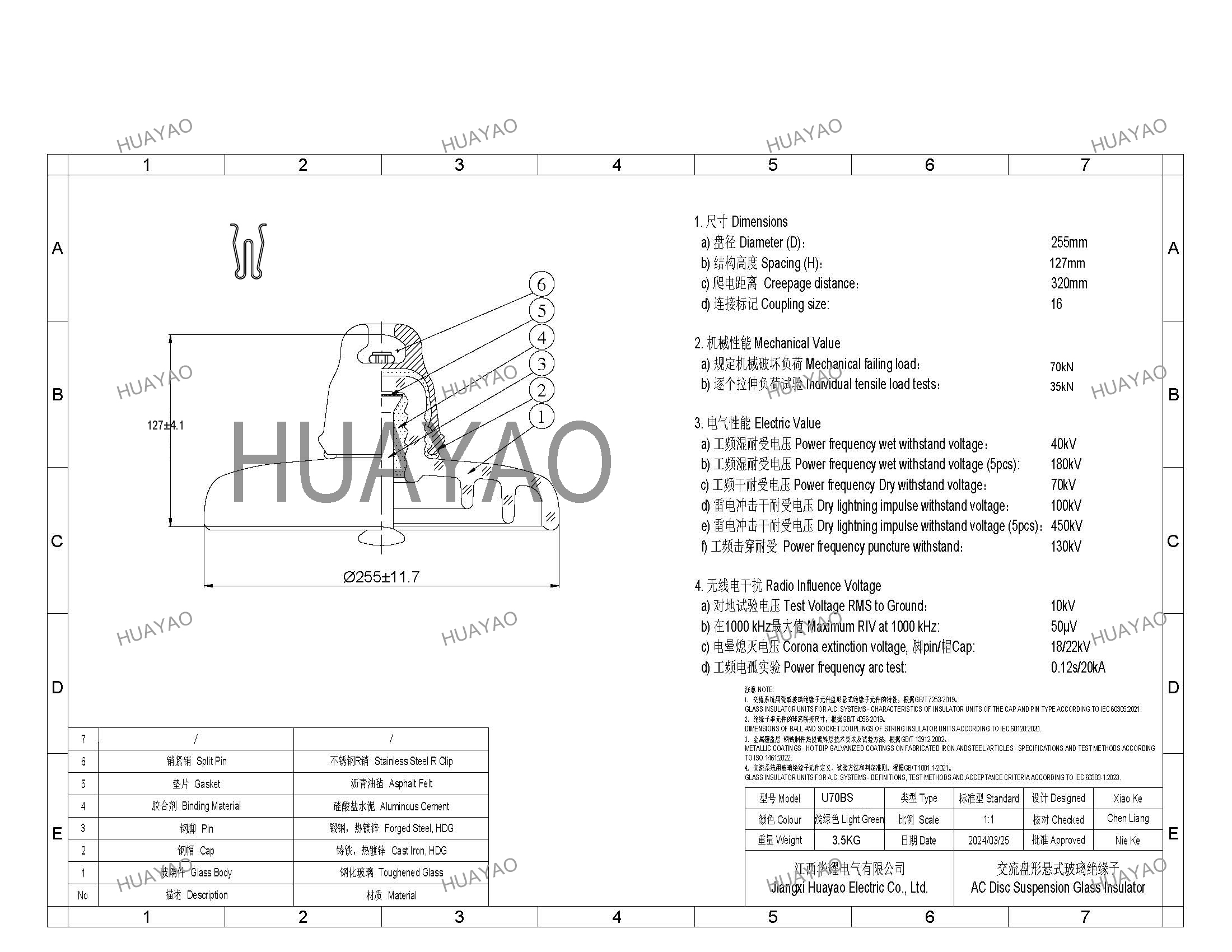 70kN standard disc suspension glass insulator PSV70A.png